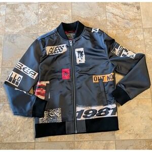 Guess Unisex Jacket Royal Bomber with Graphic Patches Black Size Small
